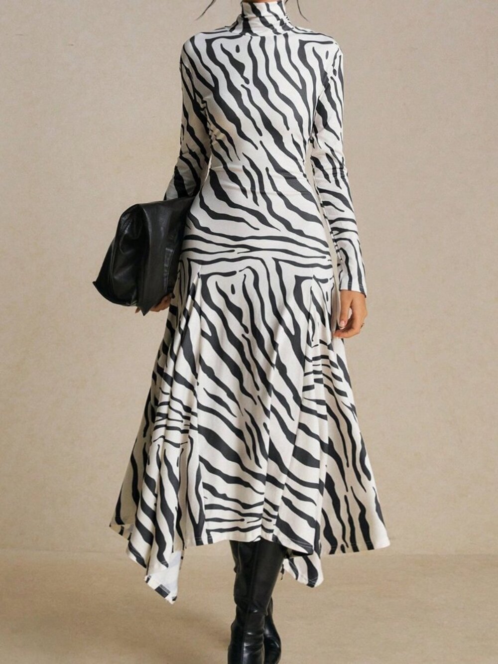 Black & White Chic Women's Zebra Print Long Sleeve Asymmetrical Midi Dress